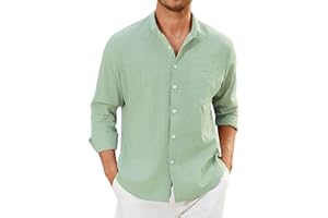 Enlision Camicia Lino Uomo Manica Lunga Estiva Cotone Henley Shirts Collo Coreana con Bottoni Tinta Unita Elegante Casual da Spiaggia S-4XL