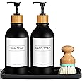 GMISUN Black Hand and Dish Soap Dispenser Set with Tray, 500 ML Plastic Kitchen Sink Soap Dispenser with Bamboo Dish Brush, Farmhouse Kitchen Washing Up Liquid Dispenser Bottle with Pump Bathroom