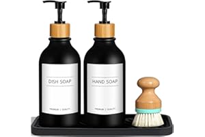 GMISUN Kitchen Soap Dispenser Set, 17 Fl Oz/500ML Hand and Dish Soap Dispenser Set With Silicone Tray and Brush, Modern Black Dish Soap Dispensers for Kitchen, Refillable Washing Up Liquid Dispensers