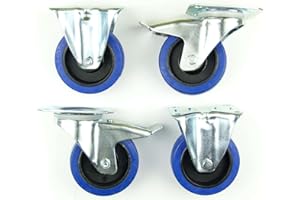 SL-ROLLEN 1 Satz 100mm Blue Wheels Transportrollen Lenkrollen mit Bremse/Feststellbremse + Bockrollen, Elastik-Rad blau, 180kg / Rad - INDUSTRIEQALITÄT (2x Brems + 2x Bock)