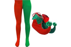 I LOVE FANCY DRESS Adults Elf Accessories - Solid Green and Red Tights + Red and Green Elf Boots - Perfect for Elf Fancy Dress Costumes Santas Grotto Christmas Plays Xmas Charity Events