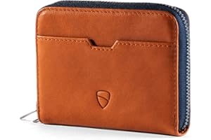 Vaultskin Mayfair minimalistyczny skórzany portfel na zamek błyskawiczny, mały portfel blokujący RFID, z przegródką na monety, Koniak, Jeden rozmiar, Minimalistyczny