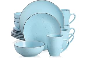 Tafelservice Steingut, vancasso MODA Geschirrset, Vintage Aussehen, 16-teiliges Kombiservice mit je 4 Speisetellern, Kuchentellern, Schalen und Tassen Blau