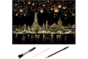 H HOMEWINS Kratzbilder 405 x 285 MM Weltberühmte Sehenswürdigkeiten Wandbild DIY Kunst Zeichnung City Night View Schwarz Beschichtet Bunte Kratzpapier mit Werkzeug Set (Chiang Mai)