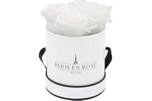 PARIS EN ROSE Rosenbox | mit 4 weißen Infinity Rosen Größe XL | konservierte ewige Rose | runde Weiß-Schwarze Box |3 Jahre haltbar | Grußkarte