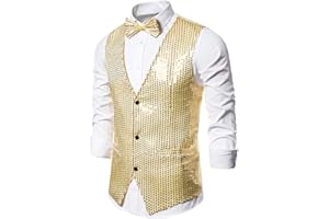 RTGSE Mens Sequins Dress Suit Vest Waistcoat Slim Fit Single-Breasted V Neck Sparkly 2Pcs Bowtie Waistcoat Vest for Stage