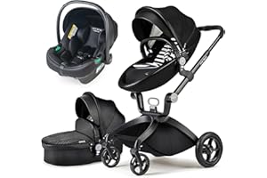 Hot Mom Poussette combinée classique 2 en 1 – Ensemble complet de poussette avec cadre en aluminium/pneus en caoutchouc/protection contre la pluie/filet anti-moustiquaire (Noir-3)