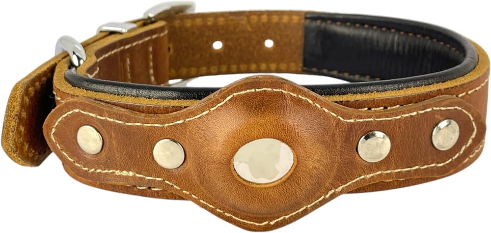 Canini Collar Hakiki Yağlı Deri Airtag Uyumlu Köpek Tasması – Dayanıklı, Konforlu ve Şık Tasarım, Airtag Bölmeli Gerçek Deriden Köpekler İçin Tasma (Taba, L)
