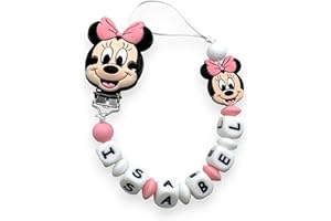 LulluLab Dummy Chain with Name, Personalised Each Part, Many Dummy Clips to Choose From, Great Gift Idea for Baby Shower. (Minnie)