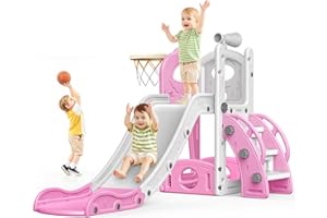 Naxudcoo Kids Slide: Large Toddler Slide With Basketball Hoop, Pink Slides For Toddlers Age 1-3 Toddler Climber Slides Playset With Storage Space, Indoor Outdoor Toy For Toddlers 1-3 Years