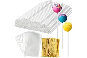 LZMDISU 300Pcs Cake Pop Sticks and Wrappers Kit, 100Pcs 6IN Lollipop Stick, 100pcs Gold Twist Ties, 100pcs Clear Candy Treat Bags Parcel for Lollipops, Candies, Chocolates Cookies