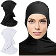 2 Pieces Modal Hijab Cap Adjustable Muslim Stretchy Turban Full Cover Shawl Under cap Full Neck Coverage for Women White Black Delicate Style, One Size