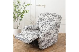 Highdi Stretchhusse Sesselschoner für Relaxsessel Komplett Sesselbezug 4-teiliges, Weicher Polyesterstoff Ruhesessel Bezug für Relaxsessel mit Liegefunktion (Graues Blumenmuster)
