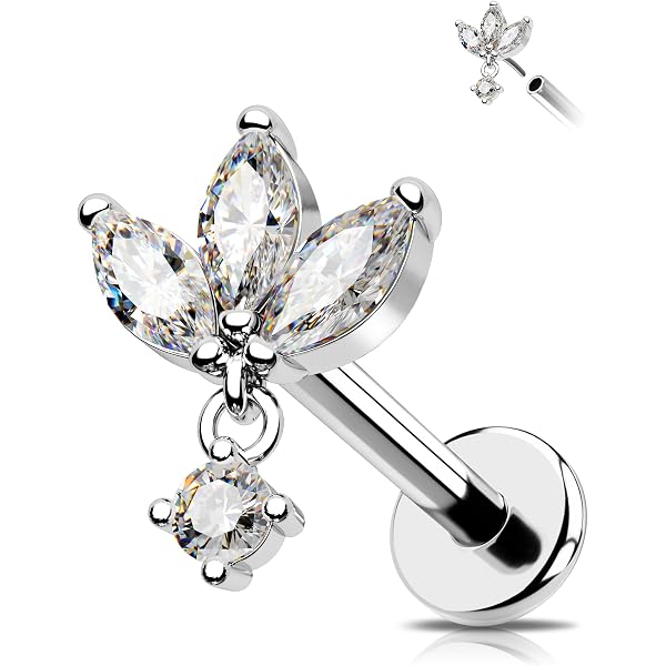 Piercing Helix/conch 16G – Acier Inox 316L – Zircones Transparent/vert – Tige 6/8 Mm – Sans Filetage – Pour Cartilage Ou Lèvre
