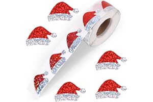 PENITUE 500 Pezzi Adesivi Cappello Babbo Natale, Adesivi Cappello di Natale Glitter Rotolo Autoadesivo per Buste Carte Regali Decorazioni Feste Articoli Natalizi
