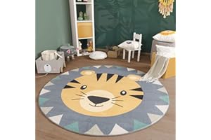 TT Home Tappeto Stanza Bambini Lavabile Leone Motivo Con Animale, Colore:Grigio Nero Marrone, Dimensione:120 cm tondo