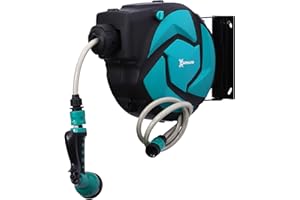 Outsunny Dévidoir Mural Enrouleur Automatique pivotant 180° Tuyau 10 + 1 m avec Lance arrosage Support Mural intégré Turquoise Noir