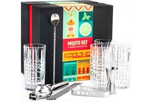 KOOLTHO Kit Bicchieri Mojito Vetro Set, Kit Mojito Cocktail Professionale Bicchiere Grande 4 Pezzi con Accessori per Fare Cocktails e Aperitivo, Idee Regalo Donna Uomo Confezione Personalizzabile Originale