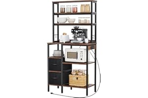 YITAHOME Kitchen Storage Rack with Power Outlet, 2 AC outlets 2 USB ports, Coffee Bar, Baker's Rack with 2 Drawers and 4 Hooks, microwave shelf, for oven, 31.5 x 15.7 x 66 inch, Rustic Brown and Black