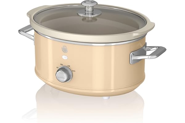 Swan Retro SF17021CNEU Mijoteuse 3,5L Récipient Amovible, Antiadhésif en Céramique Libre PFOA et PTFE, 3 Niveaux de température, Couvercle Verre, Slow Cooker, Design Vintage, Crème, 200 W