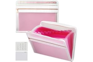 Ansook Cartella Portadocumenti A4 con Chiusura a Cerniera, 13 Tasche Porta Documenti, Fisarmonica Porta Documenti Espandibile con Tasca Frontale, Etichette, Raccoglitore Documenti Impermeabile (rosa)