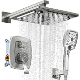 ELLO&ALLO Shower Faucet Set Mixing Valve and Trim Kit Brushed Nickel, Precipitation Waterfall Shower Head with Hand Combo