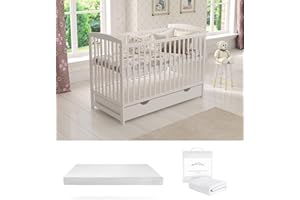 Love For Sleep JACOB Cot Bed 120x60cm with Drawer, Guard Barrier, Teething Rails, ALOE VERA Mattress & PREMIUM Mattress Protector (White)
