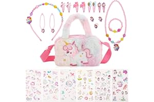 Radsocken Unicorn Gifts for Girls, 21Pcs Unicorn Crossbody Bag Purse with Jewelry Set, Little Girls Plush Handbags Unicorn Necklace Bracelet Rings Earrings Hairpin Stickers for Kids Favors Gifts