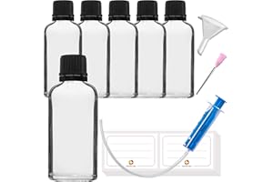 HandsUnity 50ml-6 piezas de Frasco Cuentagotas - Pequeño Frasco de Vidrio Transparente set de Vidrio de Boticario con Tapa Negra Cuentagotas de Vidrio Claro set incluye 18 Accesorios auxiliares