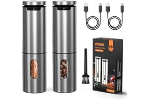 VOXON Moulin à Poivre Électrique Set de 2, Salières et Poivrières Rechargeables USB, 5 Niveaux Réglables, Poivrière Électrique Automatique avec LED – Pour Cuisine, BBQ et Restaurant