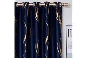 MYRU 2 Panels Set Luxury Striped Blackout Curtains for Bedroom Living Room (Navy and Gold, 2 x 66x90 Inch)