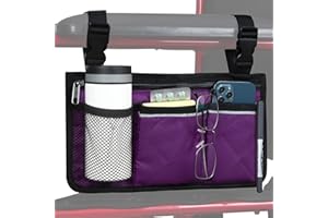 HSGEZUOQI Wheelchair Side Bag, Armrest Storage Pouch with Cup Holder and Reflective Strip for Wheelchairs, Walkers or Rollators (Purple)