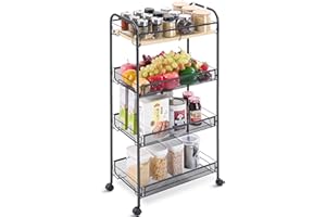 APEXCHASER 4-Tier Rolling Cart,Metal Utility Cart with Wooden Tabletop,Easy Assemble Mobile Storage Trolley On Wheels,Craft Storage Cart for Bedroom Office Kitchen Bathroom Laundry Room,Black