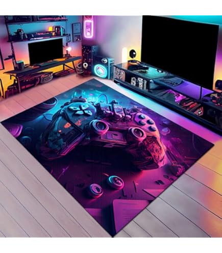 Vloerkleed, 180 x 240 cm, antislip, wasbaar, sportthema, voetbal, graffiti, gamecontroller, print voor decoratie, slaapkamer, kinderkamer, woonkamer, laagpolig, wit