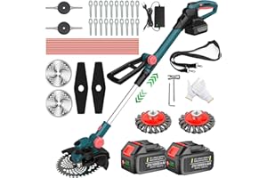 SUAIIOLK Rasentrimmer mit Akku, Akku Rasentrimmer für Makita-Akkus mit 5 Klingentypen, Bürstenloser Rasentrimmer mit Unkrautbürste Freischneider Akku mit 2X4.0Ah Akku für Rasen und Buschtrimmen, Blau mit Akku