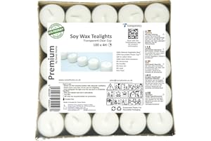 CORAZ HOME Premium Tealights Soy Wax Transparent Clear Cup Tea Lights with 4 Hours or 7-8 Hours Burning Time Pure White Wax Unscented Night Lights Candles Vegan Wax Non-Toxic