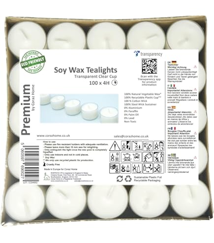 Candlelites Ongeparfumeerde, natuurlijke theelichtkaarsen op basis van sojawas met een brandduur van 8 uur, paraffinevrij in recyclebare aluminium beker, plasticvrij