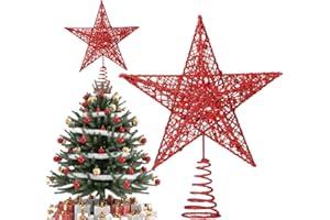 HONGECB Estrella Árbol de Navidad Metal 22cm - Estrella la Copa del árbol con Base Espiral y Lentejuelas | Adornos para la Copa del árbol Decoración Punta del Árbol de Navidad Diseño Hueco Rojo