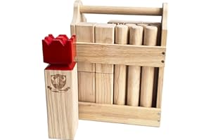 Jac & Mok Kubb Game Set - Hardwood Viking Games with Rubber Wood Crate -KUBB Throwing Outdoor Games (Regulation, Red King)