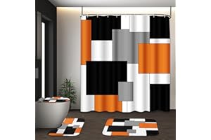 Tayney Orange Geometric Shower Curtain Set with Toilet Lid Cover and Non-Slip Rugs for Bathroom, Black White Grey Checkered 4 Pcs Shower Curtain, Modern Abstract Bathroom Set with 12 Hooks