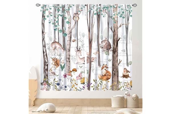 Skogsgardiner för barnrum, rustika skogsdjur, djurliv, vattenfärg, skog, björn, rådjur, räv, mörkläggning i lantlig stil, fönstergardiner för baby, flickor, pojkar, sovrum, vardagsrum, 2