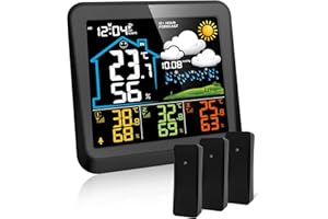 Station Météo Sans Fil avec 3 Capteurs Extérieurs, Station Meteo Interieur Exterieur Sans Fil, Station Météo Numérique Multifonctionnelle avec Prévisions Météo, Avertissement de Température, Baromètre