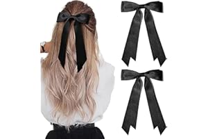 ZUFIO 2PCS Silky Satin Hair Bows Clip Hair Ribbon Ponytail Holder Accessories Slides Metal Clips Bow for Women Girls Toddlers Teens Kids (Black+Black, S)