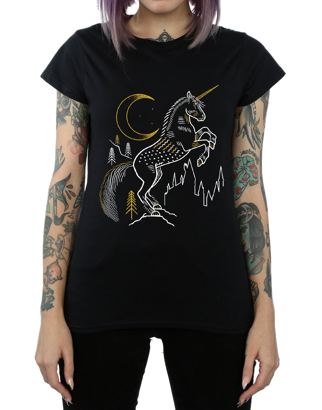 Harry-Potter-Damen-Unicorn-Line-Art-T-Shirt-Schwarz-X-Large