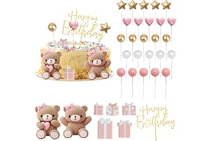 Nizirioo 33 Pezzi Decorazioni per Torte: Decorazioni con Orso Bruno, Compleanno, Topper Foam Ball Torta, Topper per Torta Rosa Set per Baby Shower e Festa di Compleanno