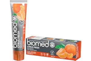 Biomed Citrus Fresh 97% Naturalna pasta do zębów/pomarańczowy, świeży oddech | zdrowe dziąsła/mandarynka grejpfrut cytryna olejki eteryczne, aromat owocowy, Wegetariański, SLES Free 100g
