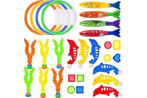 Wybtbm Jouets de Plongée Piscine, 28pcs Jouets de Natation Piscine, Jouet sous Eau été avec Anneaux de Plongée Torpedo Bandits Dauphins L'algue Plongée pour Enfant