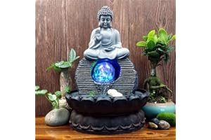 WANJIAJIA Fontaine Interieur Deco Zen Bouddha Statue Artisanat Décoration Humidificateur avec LED Light Rolling Ball pour Bureau Salon Chambre