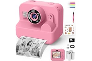 USX MOUNT Macchina Fotografica Bambini Istantanea - 1080P 2.4" Selfie Fotocamera Bambini con Carta da Stampa e 32GB Scheda, Giocattolo Regalo Natale Bambino e Bambina 3-12 Anni (Rosa)