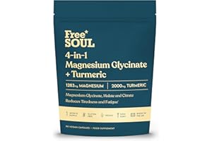 FREE SOUL Magnesium Glycinate + Turmeric 4-in-1 Complex | Triple-Strength Magnesium Supplements with 1283mg, Bisglycinate, Citrate, Malate & 2000mg Turmeric | 90 Vegan Tablets | Gluten-Free